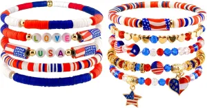 10 Pcs 4th of July Bracelets Patriotic Red White and Blue Beaded Stretch Bracelets American Flag Friendship Beaded Jewelry Gifts for Women Accessories