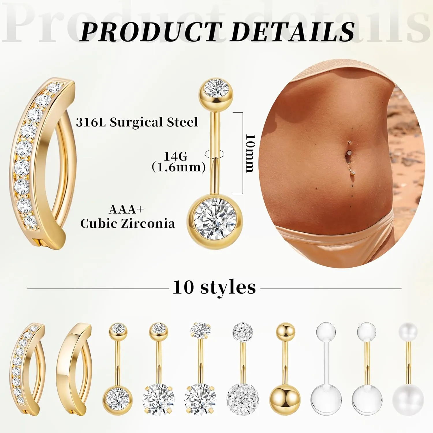 10Pcs 14G Stainless Steel Belly Button Rings for Women Reverse Curved Clicker Navel Rings Cubic Zirconia Belly Piercing Jewelry Set