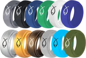 12 Colors Set-Custom Logo Text Silicone Rings 8mm Breathable Rubber Step Edge Comfort Fit Rings Wedding Band,Christian Cross Rings/Yoga Just Breathe Rings,Size 6-12