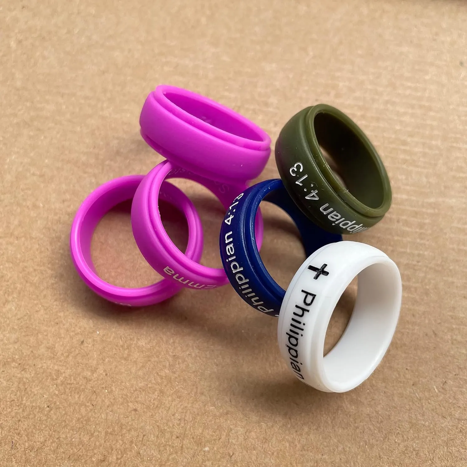 12 Colors Set-Custom Logo Text Silicone Rings 8mm Breathable Rubber Step Edge Comfort Fit Rings Wedding Band,Christian Cross Rings/Yoga Just Breathe Rings,Size 6-12