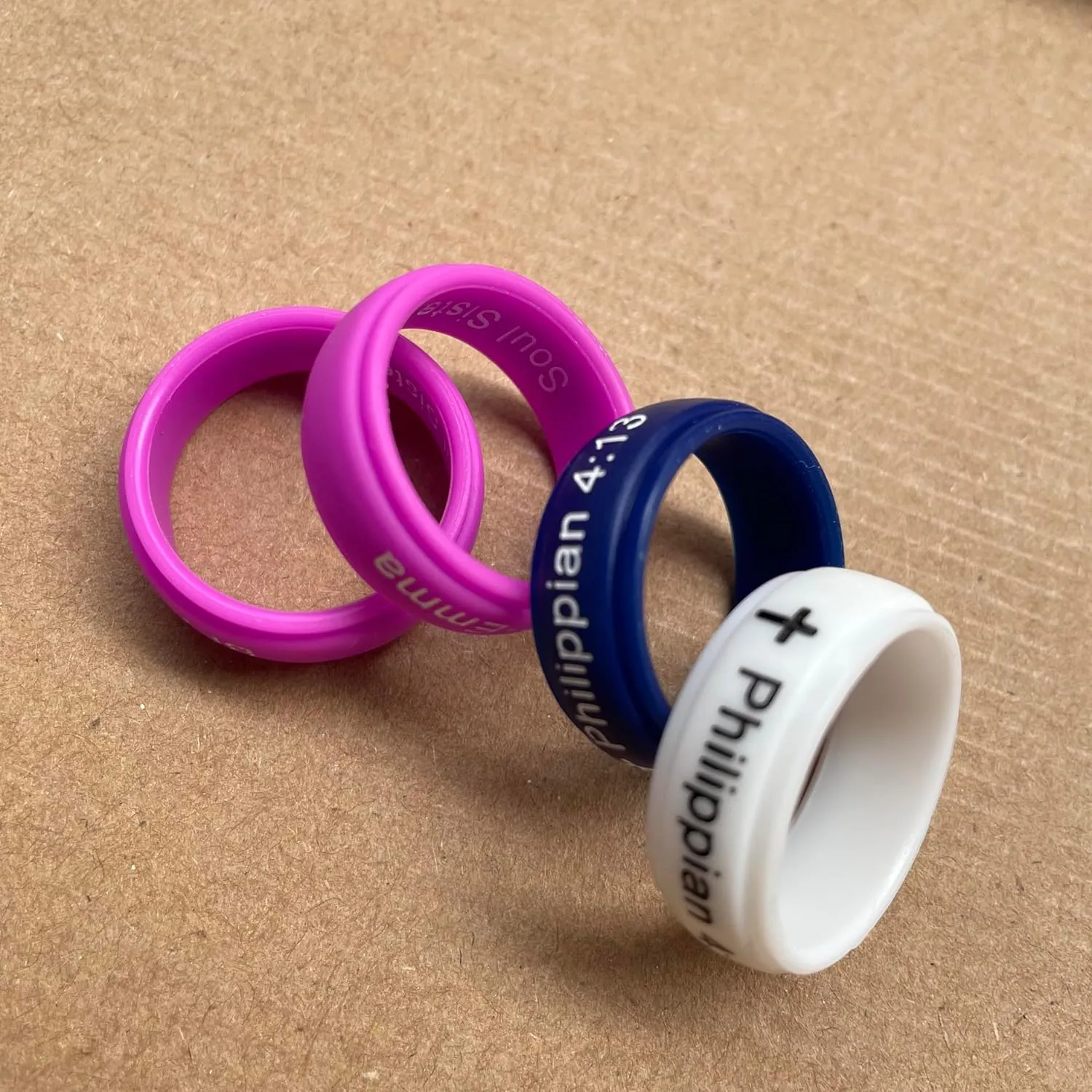 12 Colors Set-Custom Logo Text Silicone Rings 8mm Breathable Rubber Step Edge Comfort Fit Rings Wedding Band,Christian Cross Rings/Yoga Just Breathe Rings,Size 6-12