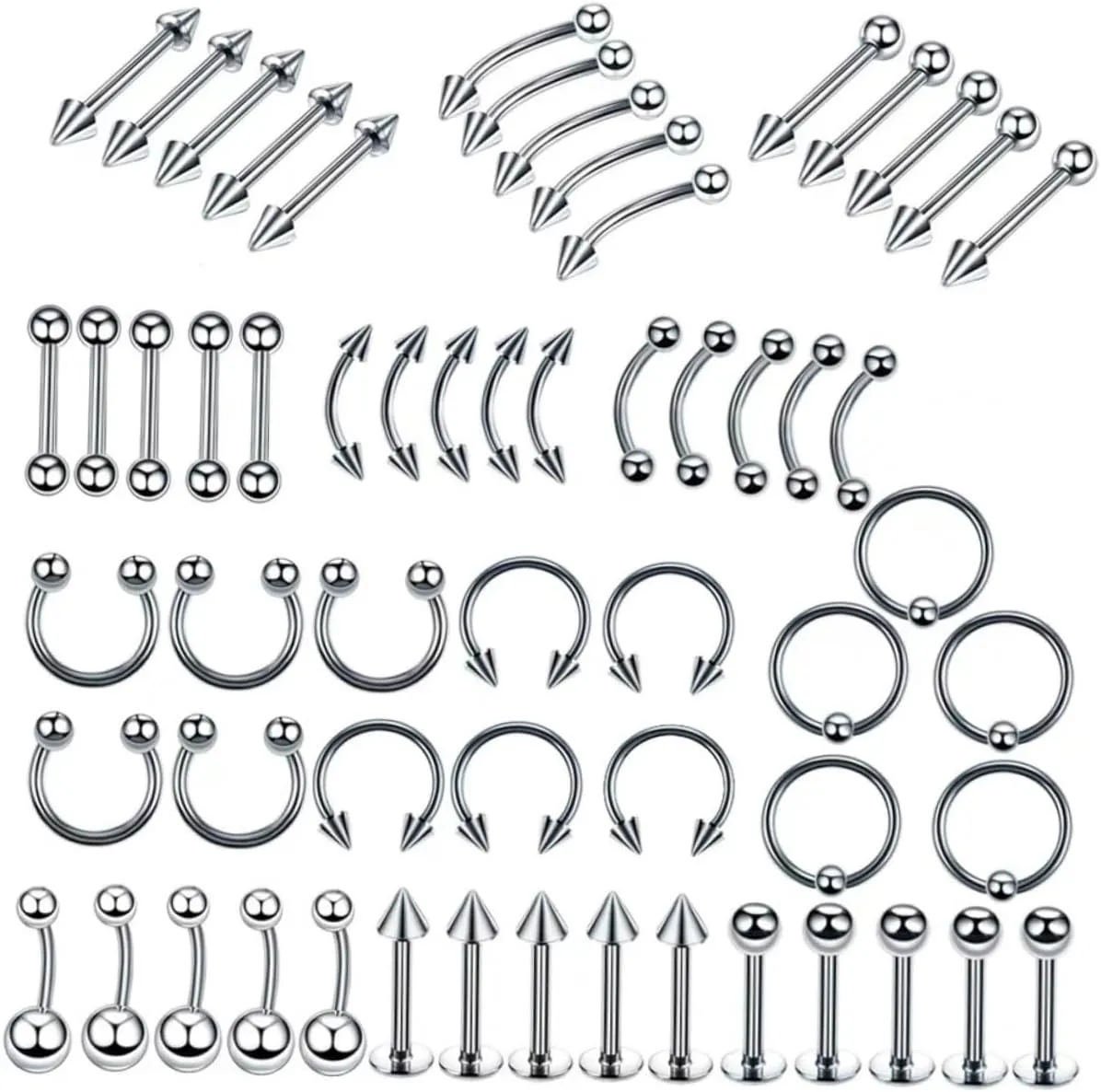 120Pcs Stainless Steel Body Piercing Jewelry Set Mixed Nose Rings Tongue Nails Belly Button Rings Durable Easy to Clean for Summer Beach Fashion