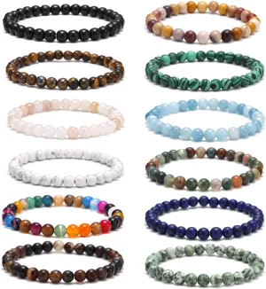 12Pcs 4MM/6MM/8MM Semi-Precious Gemstone Bracelet Set Healing Agate Tiger Eye Mookaite Natural Stone Stretch Bracelets for Men Women Round Beaded Elastic Bracelets (bra000040)