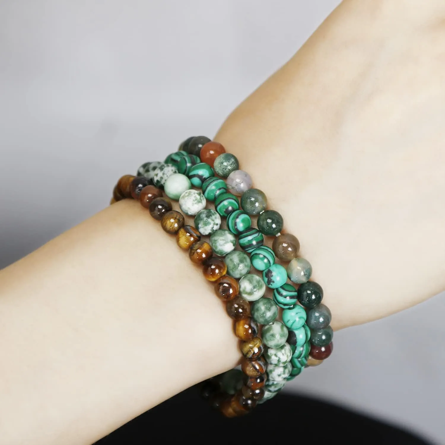 12Pcs 4MM/6MM/8MM Semi-Precious Gemstone Bracelet Set Healing Agate Tiger Eye Mookaite Natural Stone Stretch Bracelets for Men Women Round Beaded Elastic Bracelets (bra000040)