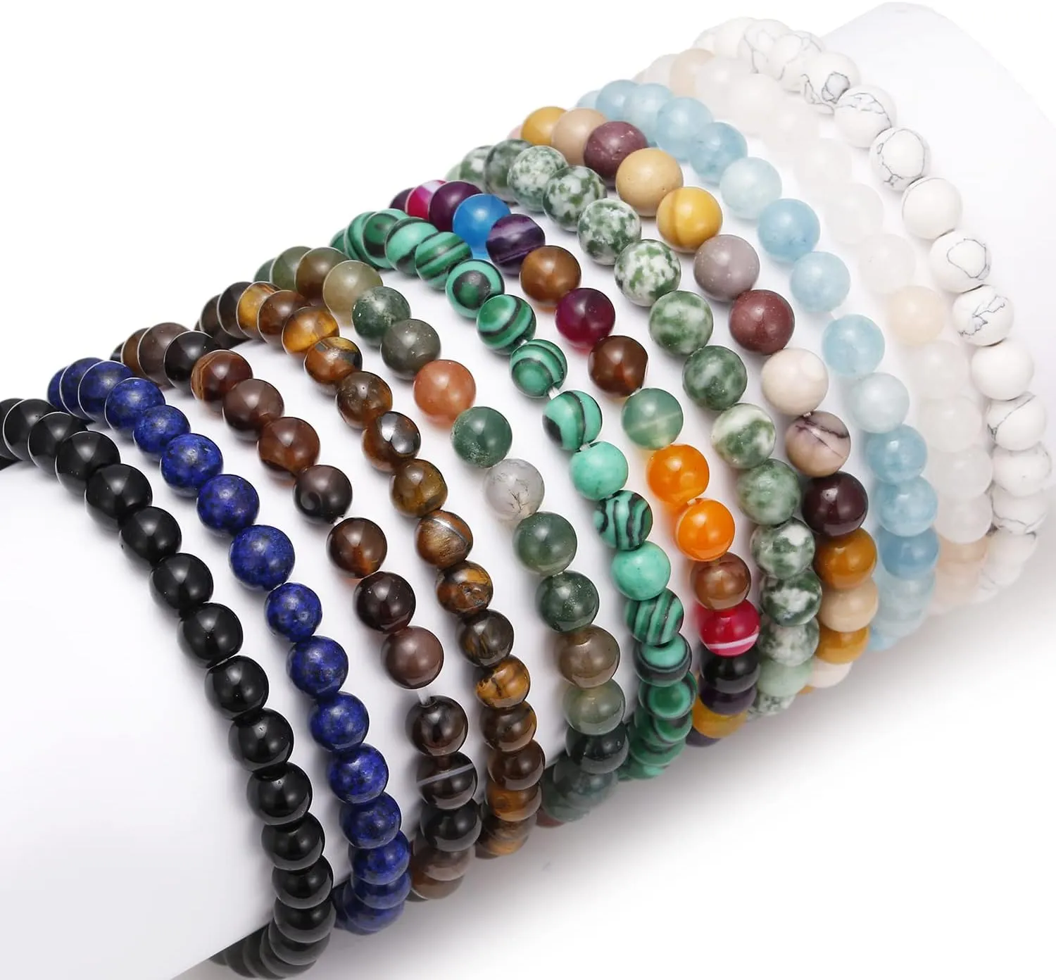 12Pcs 4MM/6MM/8MM Semi-Precious Gemstone Bracelet Set Healing Agate Tiger Eye Mookaite Natural Stone Stretch Bracelets for Men Women Round Beaded Elastic Bracelets (bra000040)