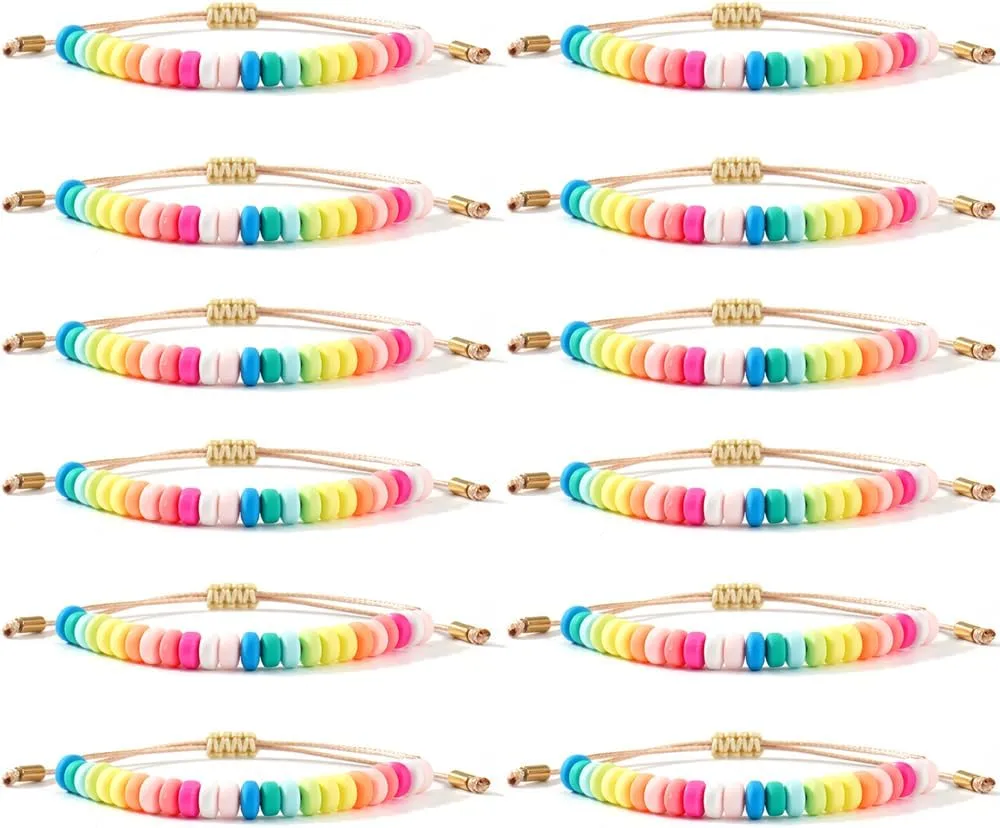 12Pcs Cute Colorful Heishi Surfer Clay Candy Pride Rainbow Bracelets Set for Women Adjustable Stack Bulk Stretch Beaded Accessories Preppy Y2k Elastic Layering Friendship Summer Beach Gift