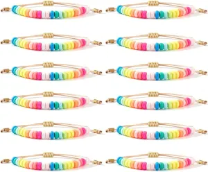 12Pcs Cute Colorful Heishi Surfer Clay Candy Pride Rainbow Bracelets Set for Women Adjustable Stack Bulk Stretch Beaded Accessories Preppy Y2k Elastic Layering Friendship Summer Beach Gift