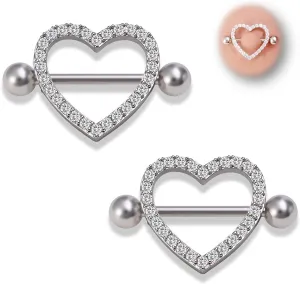 14G Heart Nipple Piercing Jewelry, Nipple Rings Surgical Steel for Men and Women, CZ Gem Nipple Shields Barbell Rings, 14 Gauge A Pair