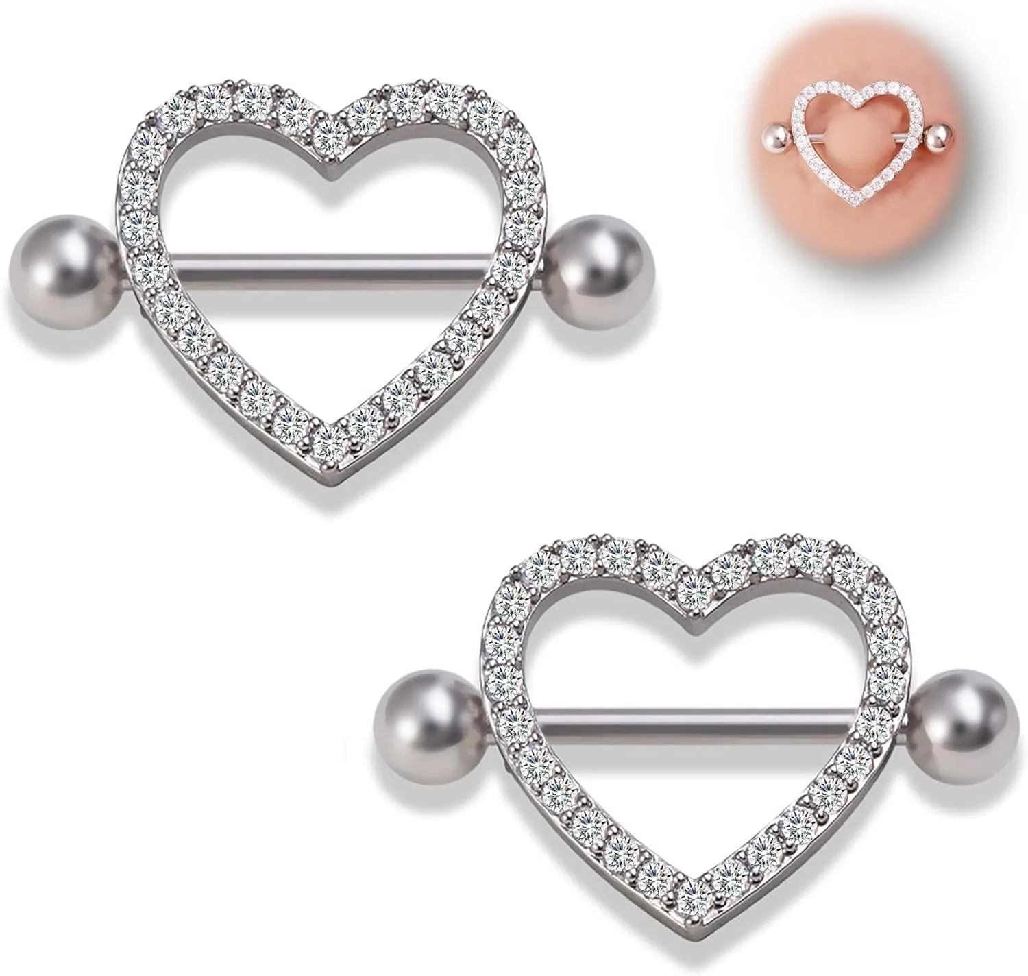 14G Heart Nipple Piercing Jewelry, Nipple Rings Surgical Steel for Men and Women, CZ Gem Nipple Shields Barbell Rings, 14 Gauge A Pair