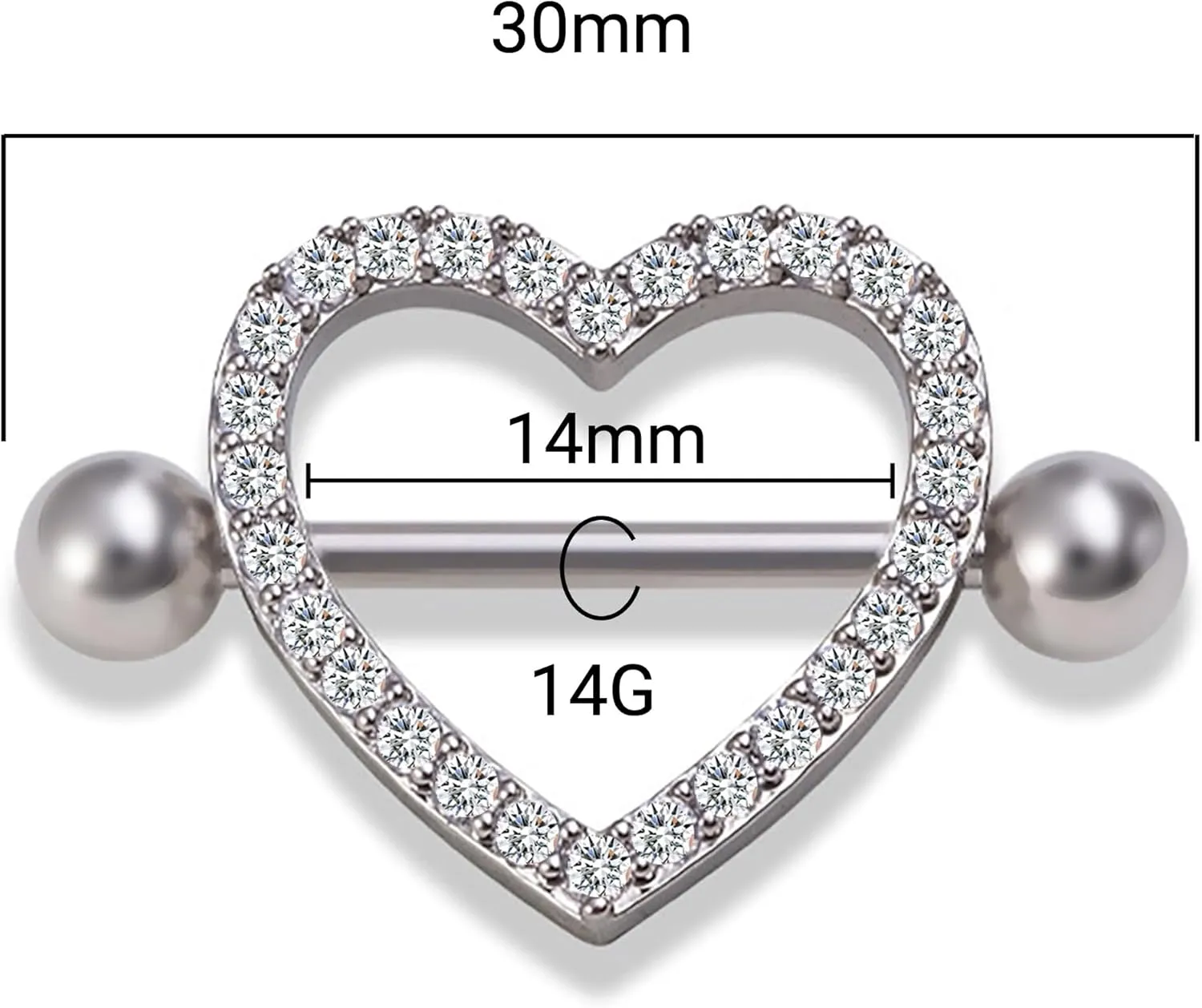 14G Heart Nipple Piercing Jewelry, Nipple Rings Surgical Steel for Men and Women, CZ Gem Nipple Shields Barbell Rings, 14 Gauge A Pair
