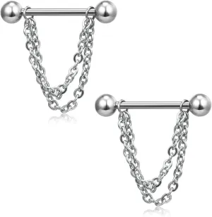 14G Stainless Steel Nipple Rings Chains Balls Straight Barbell Bars Tongue Ring 16mm(5/8Inch) Body Piercing Jewelry
