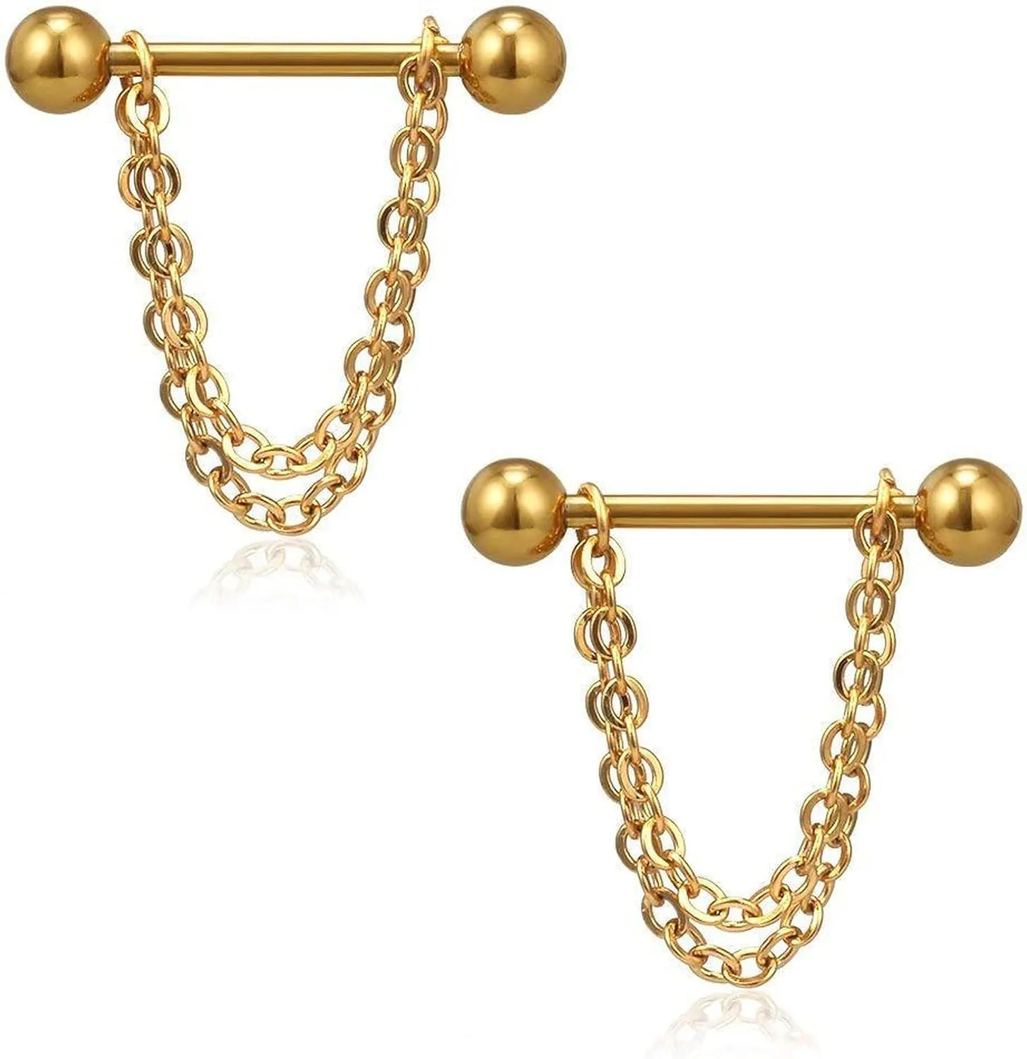 14G Stainless Steel Nipple Rings Gold Chains Straight Barbell Bars Tongue Ring 16mm(5/8Inch) Body Piercing Jewelry