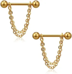 14G Stainless Steel Nipple Rings Gold Chains Straight Barbell Bars Tongue Ring 16mm(5/8Inch) Body Piercing Jewelry