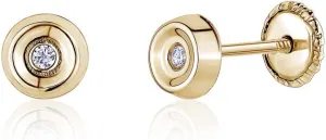 14k Gold Button Round Stud Earrings Simulated Diamond for Baby Girls Safety Screwback Covered Back Multiple Piercings