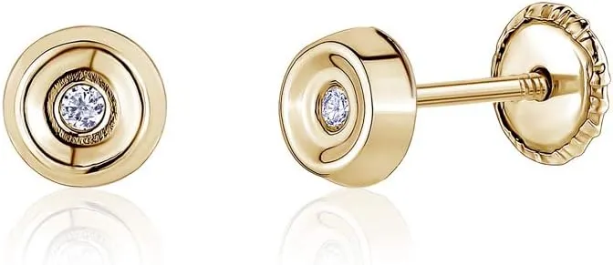 14k Gold Button Round Stud Earrings Simulated Diamond for Baby Girls Safety Screwback Covered Back Multiple Piercings