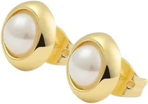 14k Gold Plated Brass Bezel Simulated Pearl Stud Earrings