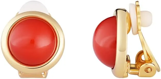 14k Gold plated Brass Coral Cabochon Clip Earrings