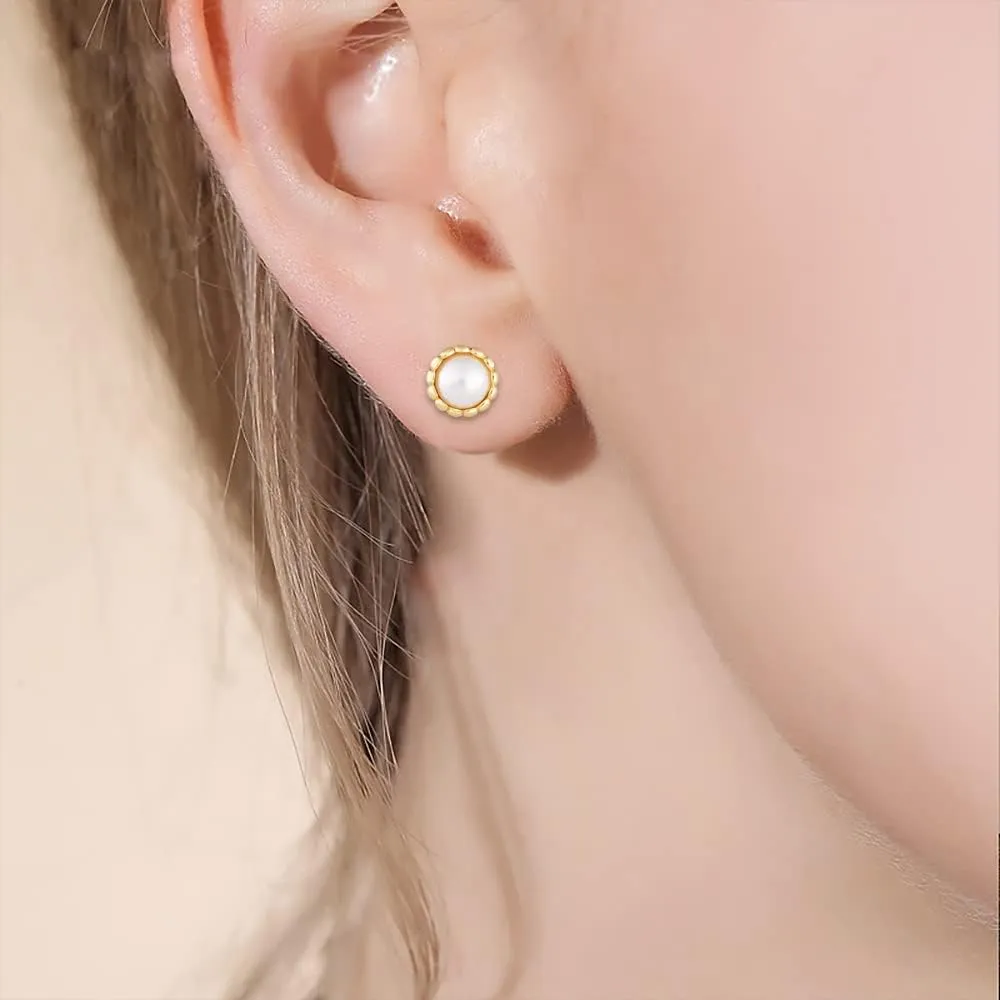 14k Gold Plated Brass Simulated Pearl Flower Stud Earrings
