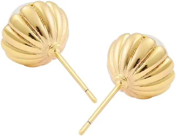 14k Gold Plated Brass Simulated Pearl Flower Stud Earrings