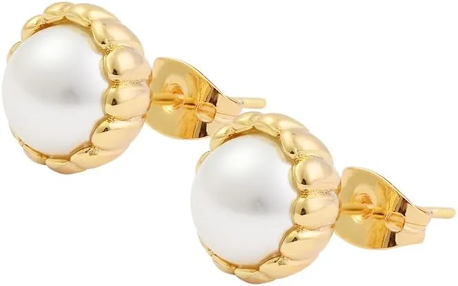 14k Gold Plated Brass Simulated Pearl Flower Stud Earrings