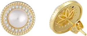 14K Gold Plated Brass Simulated Pearl Halo Stud Earrings with CZ
