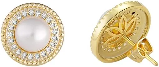 14K Gold Plated Brass Simulated Pearl Halo Stud Earrings with CZ