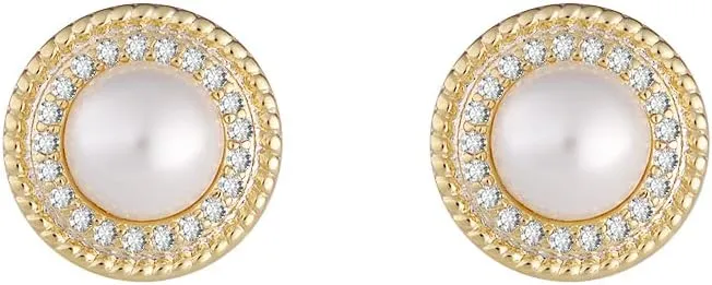 14K Gold Plated Brass Simulated Pearl Halo Stud Earrings with CZ