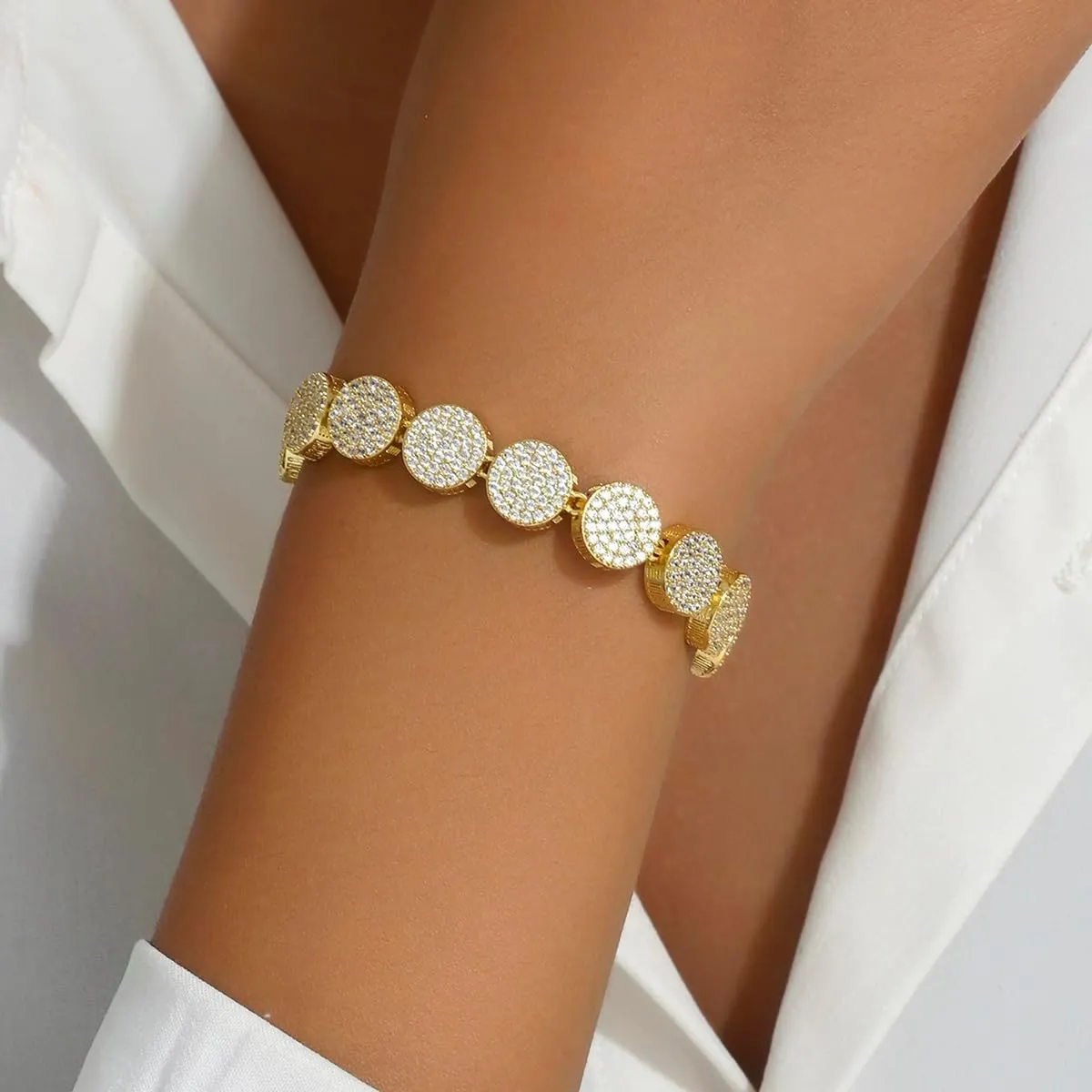 14K Gold Plated Cubic Zirconia Classic Tennis Bracelet | Disc Diamond Bracelet | Flower Tennis Bracelets | Gold Tennis Necklace for Women | 4mm CZ, Size 7.5-18 Inch