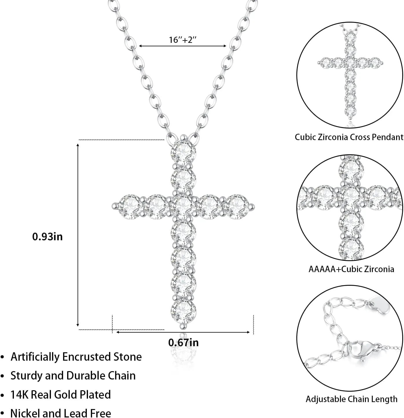 14K Gold Plated Dainty Cross Necklace for Women, Non Tarnish Cross Silver Pendants Necklaces for Women Trendy, Medium Cubic Zirconia Necklace for Women