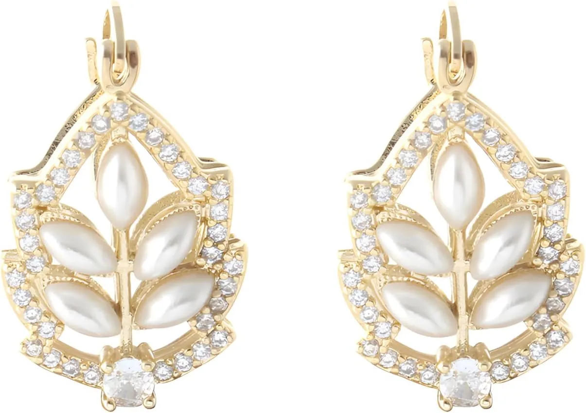 14K Gold Plated Leaf Pearl Earrings for Women Crystal Marquis Leaf Earrings CZ Leaf Pearl Hoop Earrings Jewelry