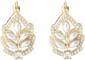 14K Gold Plated Leaf Pearl Earrings for Women Crystal Marquis Leaf Earrings CZ Leaf Pearl Hoop Earrings Jewelry