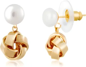 14K Gold Plated Pearl Drop Earrings for Women, Dainty Knot Stud, Nickel-Free 925 Silver Posts, Lightweight Bridal Gift Jewelry