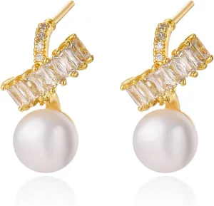 14K Gold Plated Pearls Stud Earrings for Women Trendy White 7MM Pearl CZ Hypoallergenic Earrings Jewelry Gift for Women