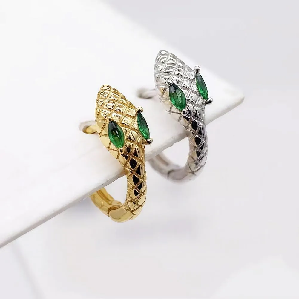 14K Gold Plated Snake Hoop Earrings with Green Crystal Eyes, Cobra Design Huggie Hoops, Vintage Style Jewelry Collection