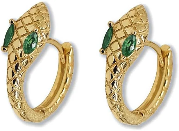 14K Gold Plated Snake Hoop Earrings with Green Crystal Eyes, Cobra Design Huggie Hoops, Vintage Style Jewelry Collection