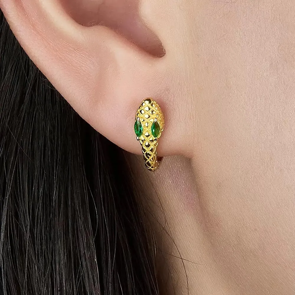 14K Gold Plated Snake Hoop Earrings with Green Crystal Eyes, Cobra Design Huggie Hoops, Vintage Style Jewelry Collection
