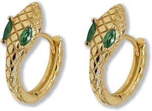 14K Gold Plated Snake Hoop Earrings with Green Crystal Eyes, Cobra Design Huggie Hoops, Vintage Style Jewelry Collection