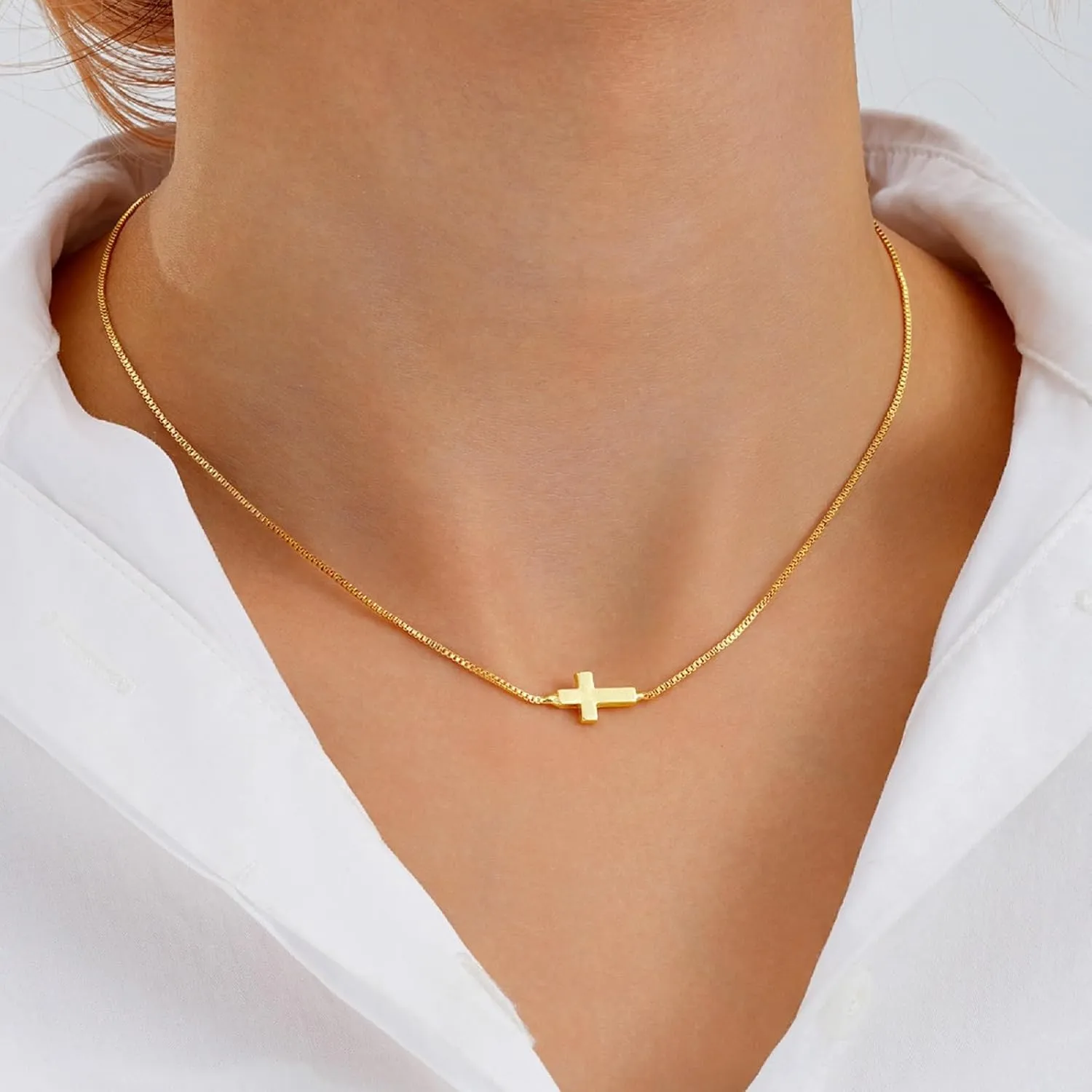 14K Real Gold Plated Dainty Cross Pendant Choker Necklace for Women  Simple & Trendy Faith Jewelry, Minimalist Religious Gift