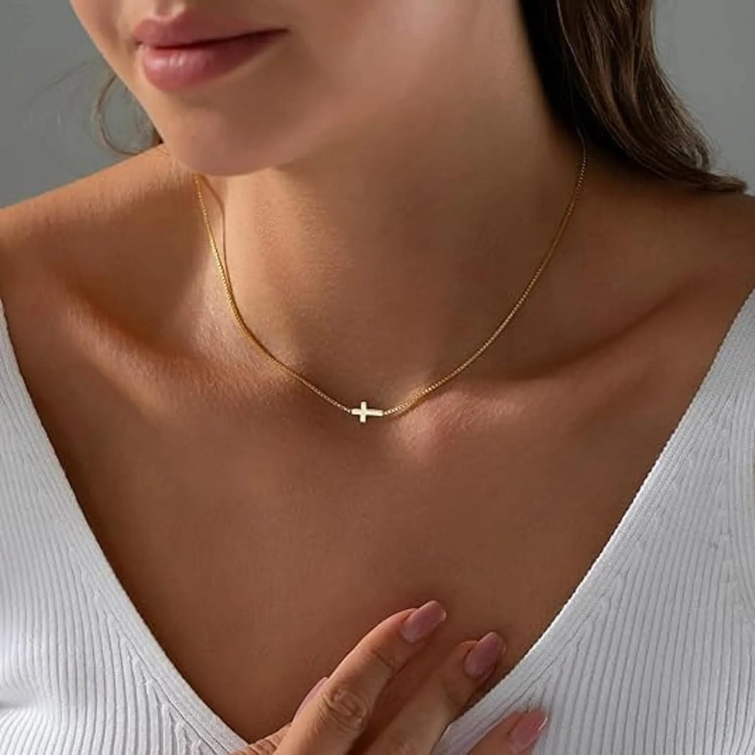 14K Real Gold Plated Dainty Cross Pendant Choker Necklace for Women  Simple & Trendy Faith Jewelry, Minimalist Religious Gift
