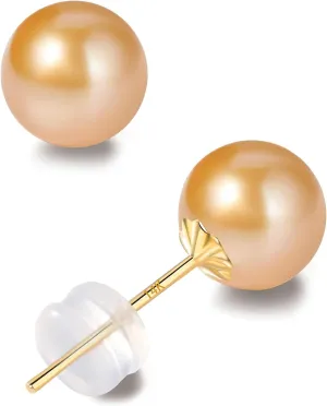 14K Solid Gold AKOYA Pearl Studs - Everyday Wear Saltwater Cultured Golden Pearl Earrings - Hypoallergenic Real Gold Jewelry Gift for Women