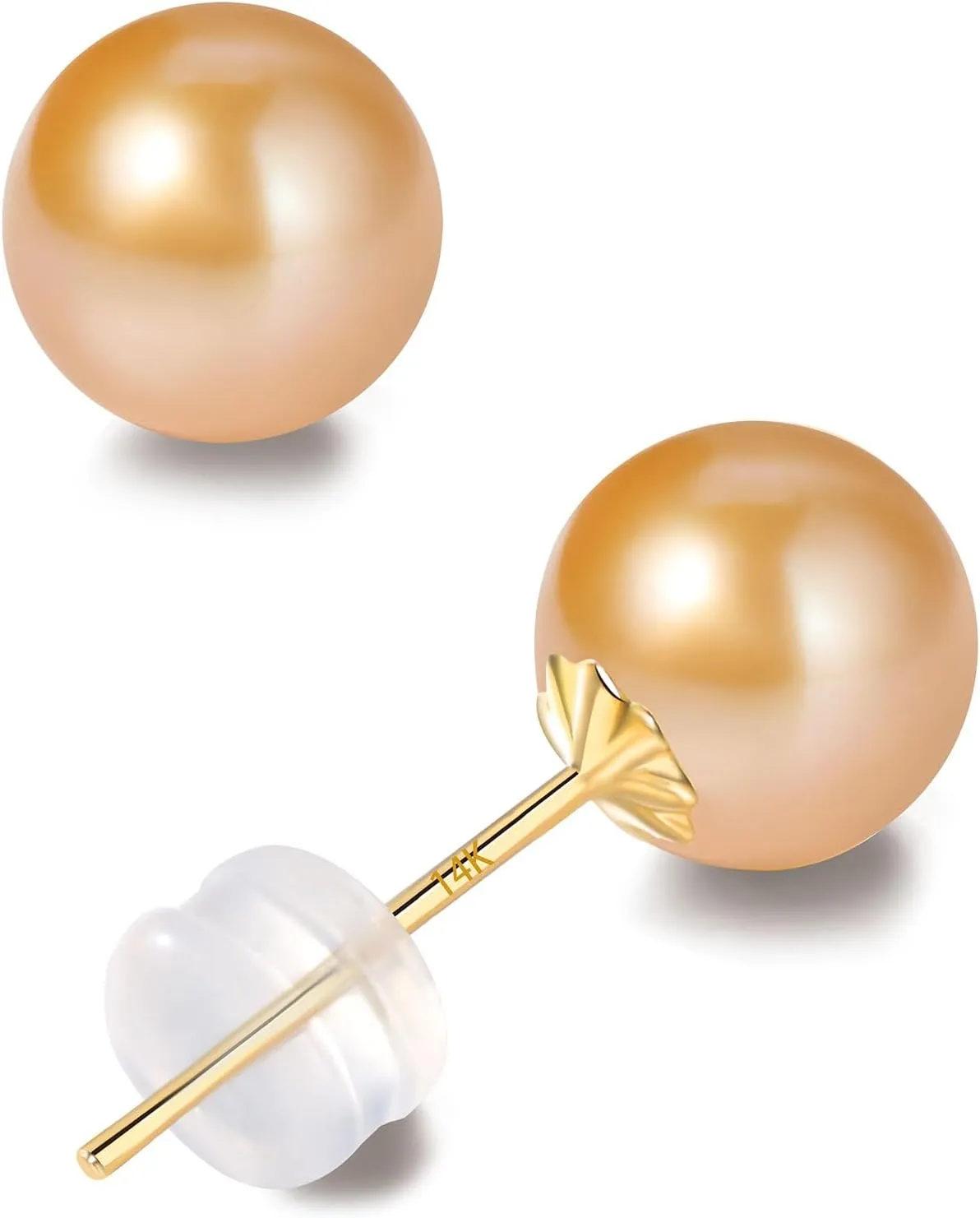 14K Solid Gold AKOYA Pearl Studs - Everyday Wear Saltwater Cultured Golden Pearl Earrings - Hypoallergenic Real Gold Jewelry Gift for Women