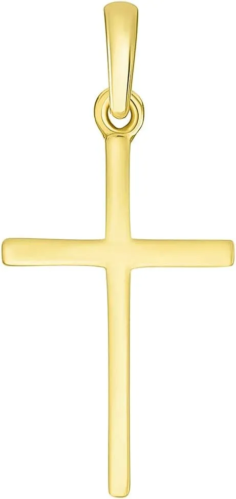 14k Solid Yellow Gold Classic Small Religious Cross Charm Pendant with Cable, Curb, or Figaro Chain Necklaces
