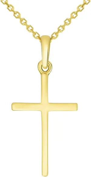 14k Solid Yellow Gold Classic Small Religious Cross Charm Pendant with Cable, Curb, or Figaro Chain Necklaces