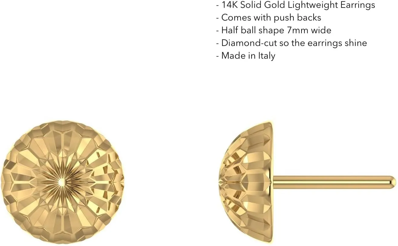 14K Solid Yellow Gold Diamond-Cut Half Ball Stud Earrings  Lightweight & Hypoallergenic  Dainty Polished Studs with Secure Push Backs  Elegant Everyday Luxury  by SILVER SMILE