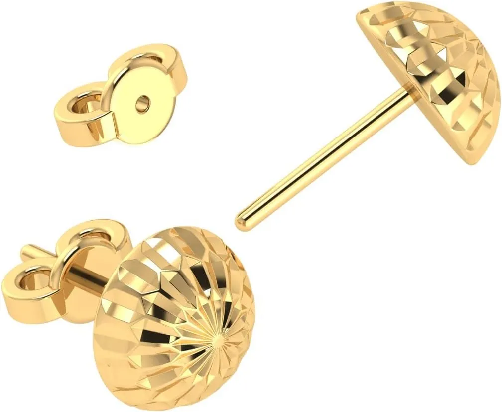 14K Solid Yellow Gold Diamond-Cut Half Ball Stud Earrings  Lightweight & Hypoallergenic  Dainty Polished Studs with Secure Push Backs  Elegant Everyday Luxury  by SILVER SMILE