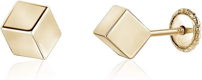 14k Yellow Gold 3D Cube Square Earrings Screwback 4mm Girls Teens Women on Angle