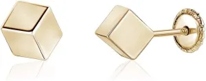 14k Yellow Gold 3D Cube Square Earrings Screwback 4mm Girls Teens Women on Angle