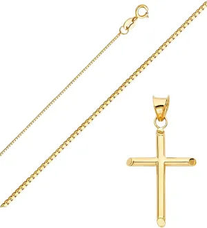 14K Yellow Gold Box Chain Cross Pendant Necklace - Real Yellow Gold Religious Charm Pendant Necklace - Ideal Gift for Men and Women