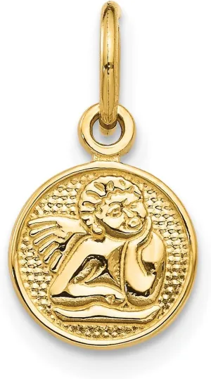 14k Yellow Gold Guardian Angel Pendant - Cherub Jewelry Keepsake - Religious Jewelry Charm, Cherub with Hand on Chin - Round Design, 16x13mm Religious Keepsake for Christians