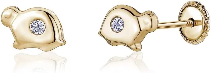14k Yellow Gold Turtle Earrings for Baby Girl Tiny Safety Screwback Covered Back